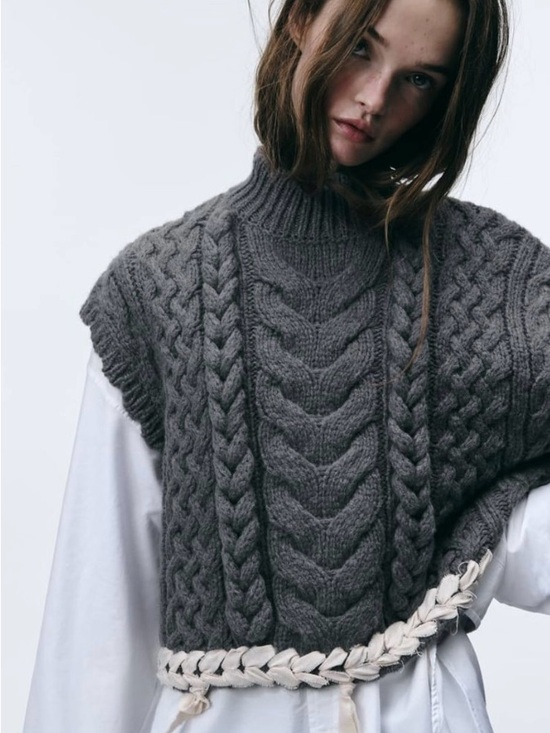 Zara Sweaters - Zara Charcoal Cable-Knit Mock Neck Sleeveless Crew Sweater Vest, size xs-s